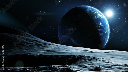从月球看地球美丽的风景。太空中的日出。HD 1080。