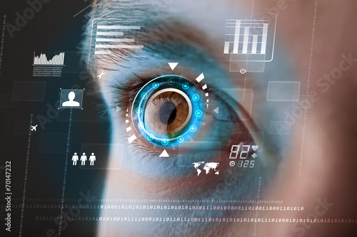 未来女性与网络技术眼睛面板的概念
