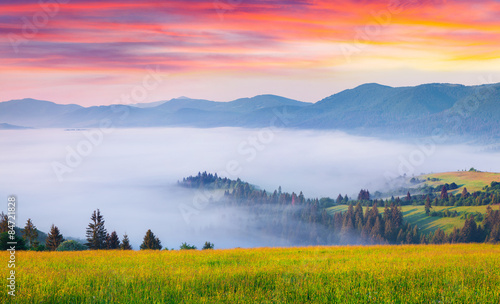 多雾的喀尔巴阡山脉上五彩缤纷的夏日日出