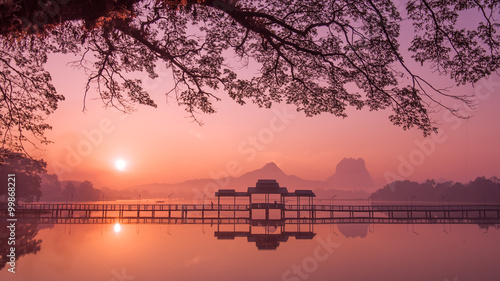Myanmar (Burma) Hpa An lake at sunrise. Asian landmark and travel destination