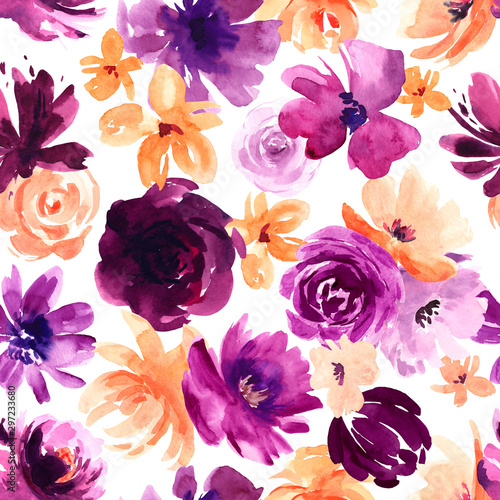 水彩无缝图案与手绘野花，彩色植物插图，花卉