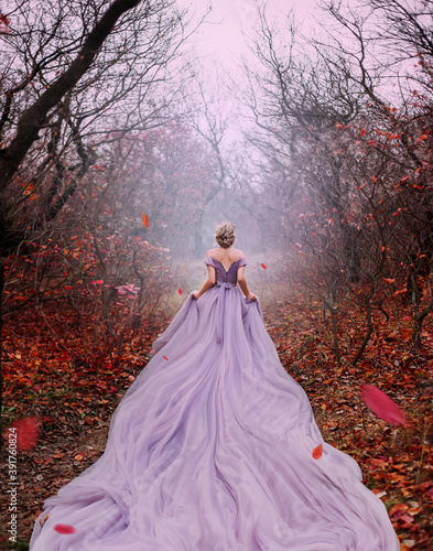 艺术幻想美女皇后走在秋天神秘的森林里，橘黄色的树叶光秃秃的树。魔法上杉达也