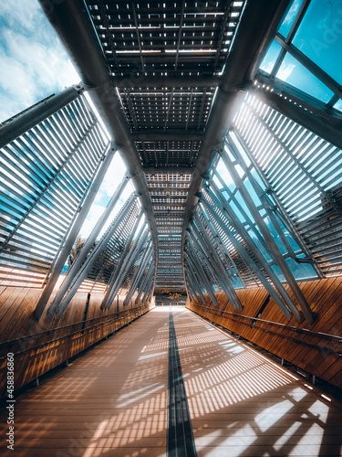 阳光下的现代建筑桥的垂直镜头