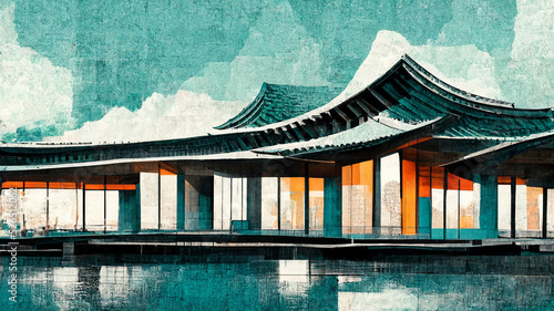 Illustration of traditional Korean architecture ancient style, tourist attraction, landmark backgrou